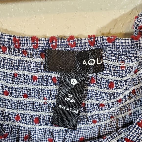 Aqua Off the Shoulder Peasant Gingham Swiss Dot Cotton Summer Picnic Crop Blouse - Picture 4 of 8